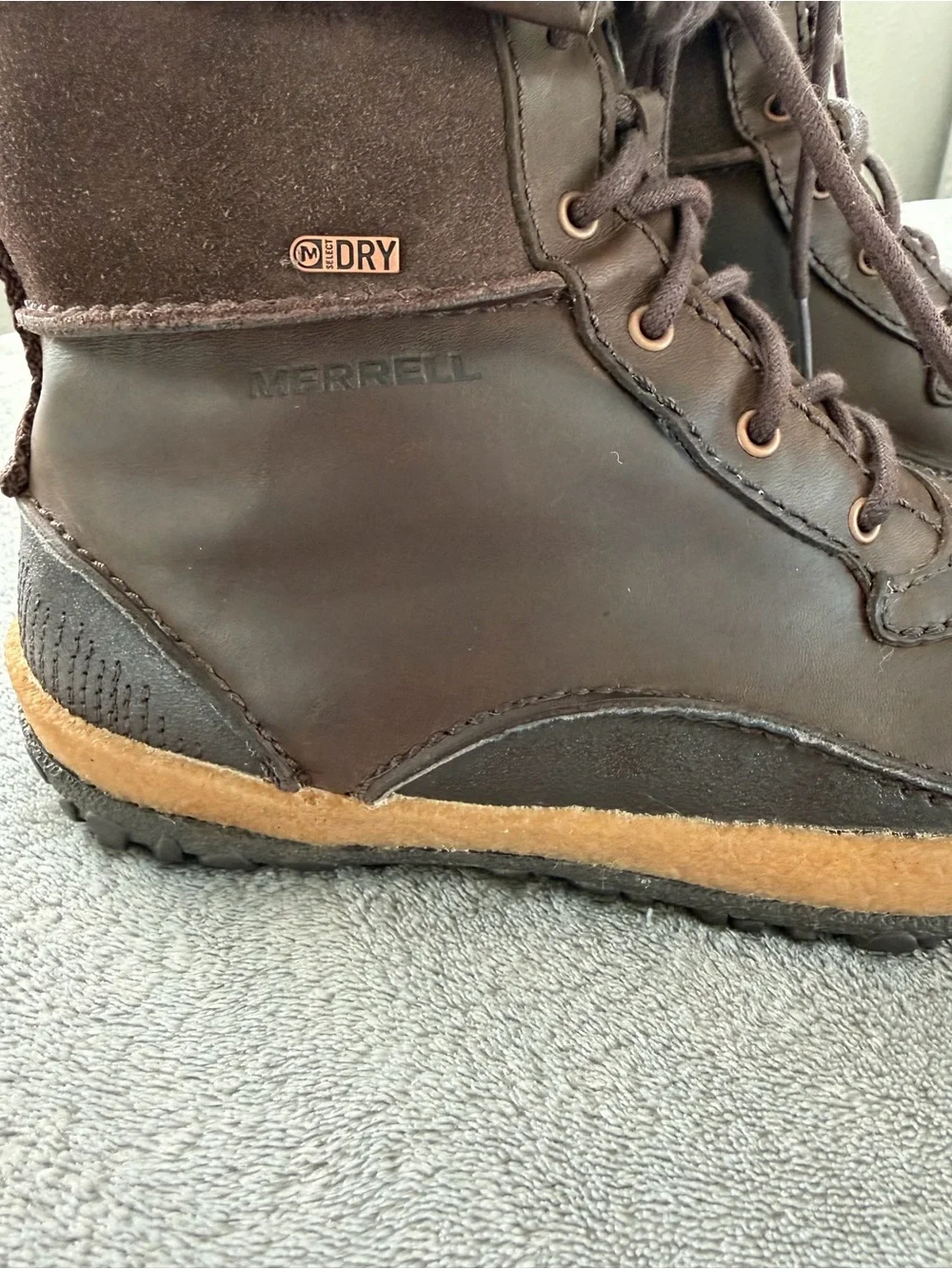 Merrell Brown Lace-Up Waterproof Winter Boot with Cream Faux-Fur Collar